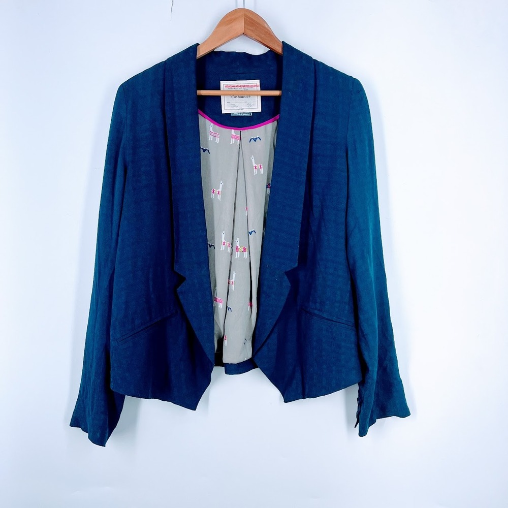 Anthropologie Cartonnier Teal Blue Llama Print Lined Jacquard Blazer Size M